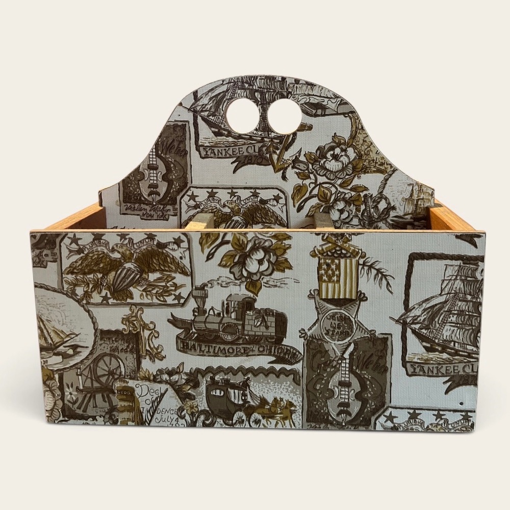 Vintage Americana Wooden Caddy Liberty Bell Clipper Ship Decoupage Organizer